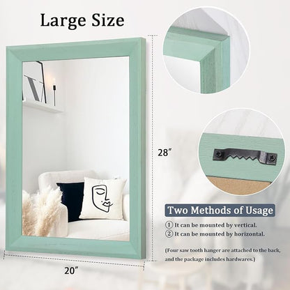 AAZZKANG Wood Framed Mirror Rectangle Modern Farmhouse Wall Mirrors Decor Large 28"x20" for Bedroom Living Room Bathroom Dressing Room Green