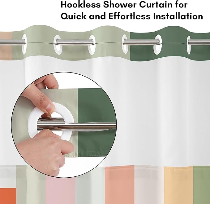 Americanflat 72x75 Hookless Shower Curtain - Water-Resistant Modern Stripe Shower Curtain with Sheer Panel, Snap-In Liner, and Grommets - 100% Polyester - Pink, Sage Green, Terracotta, Peach and White