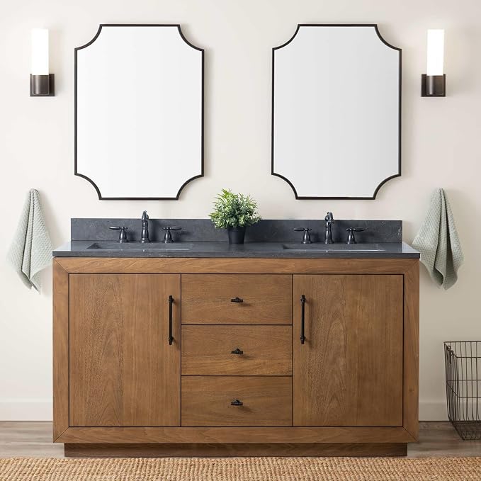 Vanity Art 60 inch Bathroom Vanity with Double Sink, Modern Wood Bath Vanity with Black Carrara Marble Top, Vanity Cabinet with Doors， Removable Shelf, Solid Wood Frame, Tan, VA7060DB