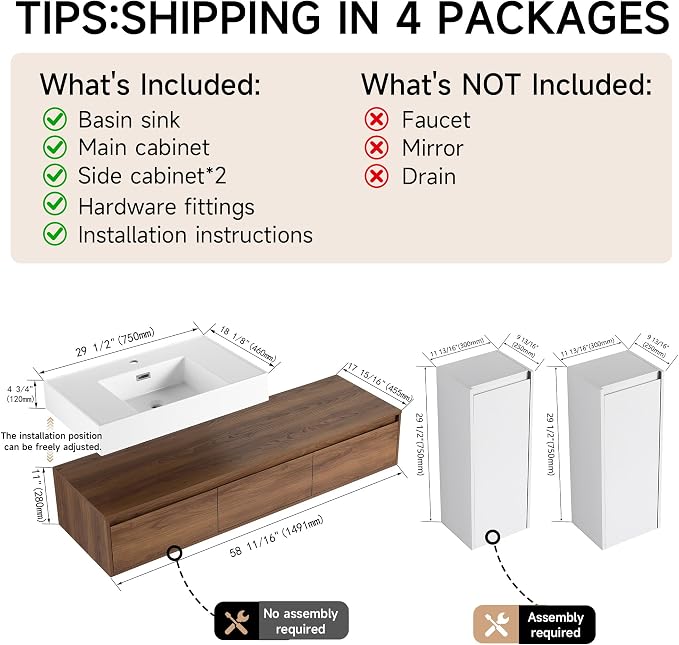60 Inch Floating Bathroom Vanity with Single Sink, Modern Wall-Mounted Bathroom Cabinet with Resin Sink & Soft Close Drawers & Side Cabinets, Split-Level Layout (Walnut, 60"+2 Side cabinets)