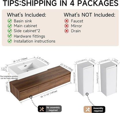 60 Inch Floating Bathroom Vanity with Single Sink, Modern Wall-Mounted Bathroom Cabinet with Resin Sink & Soft Close Drawers & Side Cabinets, Split-Level Layout (Walnut, 60"+2 Side cabinets)