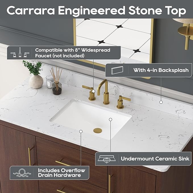 48 Inch Bathroom Vanity with Sink, Solid Wood Frame with Engineered Marble Countertop, Fully-Assembled Vanity with Soft-Close Drawers, Adjustable Feets, Warm Elm