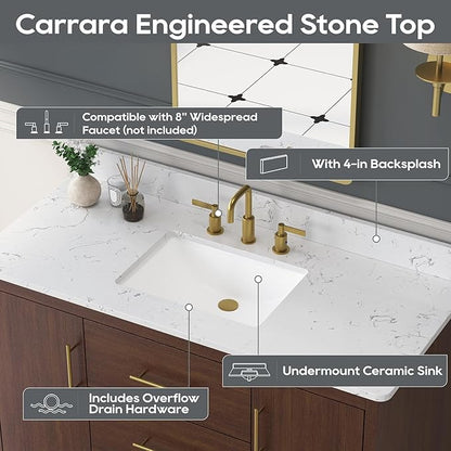 48 Inch Bathroom Vanity with Sink, Solid Wood Frame with Engineered Marble Countertop, Fully-Assembled Vanity with Soft-Close Drawers, Adjustable Feets, Warm Elm