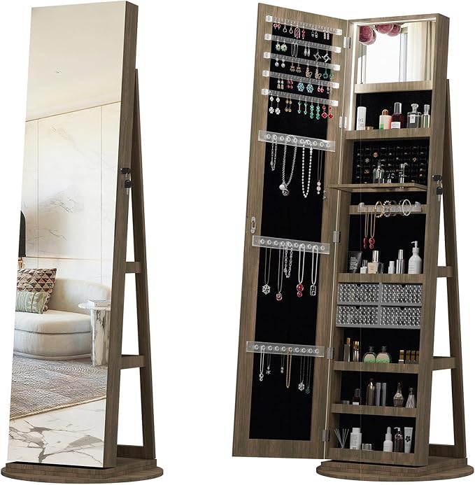 360° Swivel Jewelry Armoire with Full-Length Mirror, Lockable Standing Jewelry Cabinet Organizer w/ Inside Makeup Mirror, Back Storage Shelves for Bedroom, Cloakroom, Living Room (Antique Brown1)