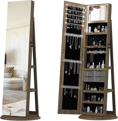 360° Swivel Jewelry Armoire with Full-Length Mirror, Lockable Standing Jewelry Cabinet Organizer w/ Inside Makeup Mirror, Back Storage Shelves for Bedroom, Cloakroom, Living Room (Antique Brown1)