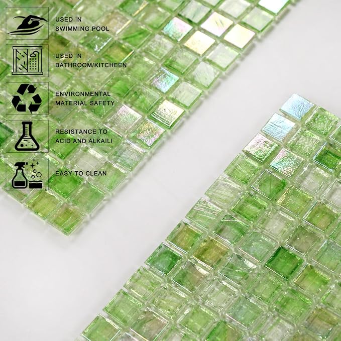 5.75 Sq.Ft Iridescent Green Glass Mosaic Tile for Bathroom, Backsplash | Waterproof Wall & Floor Tile. Heat & frost resistant outdoors, Swimming Pool, Fireplace, Restaurants, Hotels, Laundry, 10pcs.