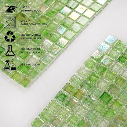 5.75 Sq.Ft Iridescent Green Glass Mosaic Tile for Bathroom, Backsplash | Waterproof Wall & Floor Tile. Heat & frost resistant outdoors, Swimming Pool, Fireplace, Restaurants, Hotels, Laundry, 10pcs.