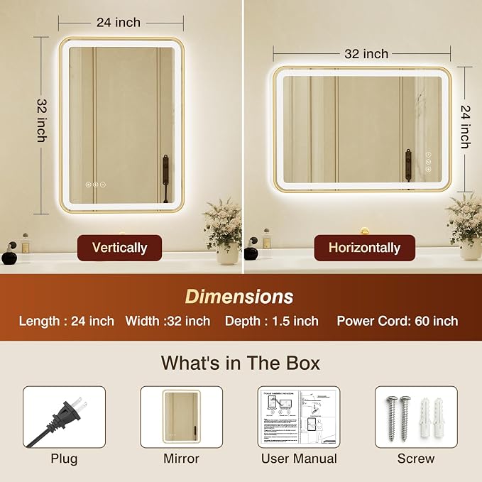 24x32 Inch Gold Framed LED Bathroom Mirror with Lights, Built-in Bluetooth Speaker, Dimmable Lighted Bathroom Vanity Mirror with 3 Colors, Backlit + Frontlit, Memory, Anti-Fog
