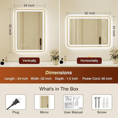 24x32 Inch Gold Framed LED Bathroom Mirror with Lights, Built-in Bluetooth Speaker, Dimmable Lighted Bathroom Vanity Mirror with 3 Colors, Backlit + Frontlit, Memory, Anti-Fog