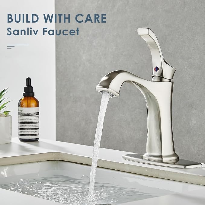 Brushed Nickel Bathroom Faucet, Sanliv Single Handle Centerset Bathroom Sink Faucet with Pop-Up Drain & Deck Plate for 1 or 3-Hole (4 inch) Installation, Modern Farmhouse Vanity Faucet Brushed Nickel