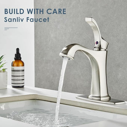 Brushed Nickel Bathroom Faucet, Sanliv Single Handle Centerset Bathroom Sink Faucet with Pop-Up Drain & Deck Plate for 1 or 3-Hole (4 inch) Installation, Modern Farmhouse Vanity Faucet Brushed Nickel