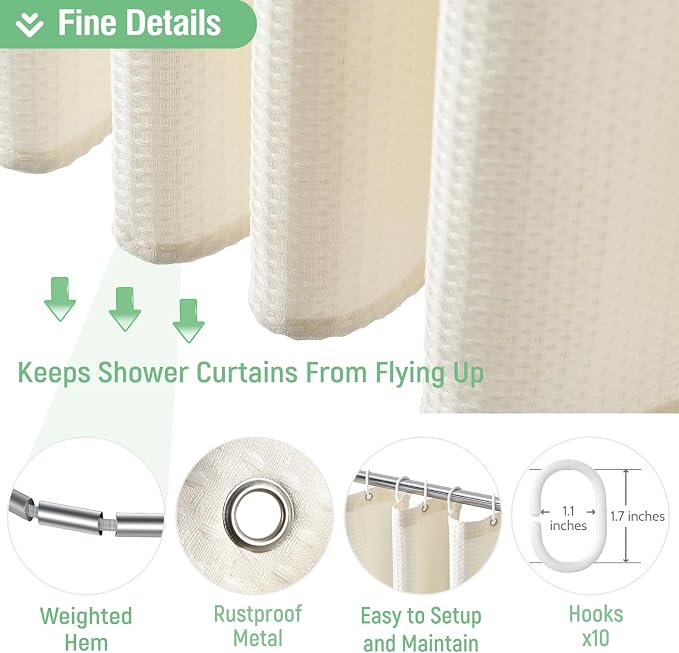 Stall Waffle Shower Curtain 256 GSM Heavy Fabric 54x72 Cream/Ivory | 54 Inch Wide, Thick Cloth, Weighted Hem, Water Repellent, Hotel Luxury Polyester Shower Curtain Set for Bathroom 10 Hooks