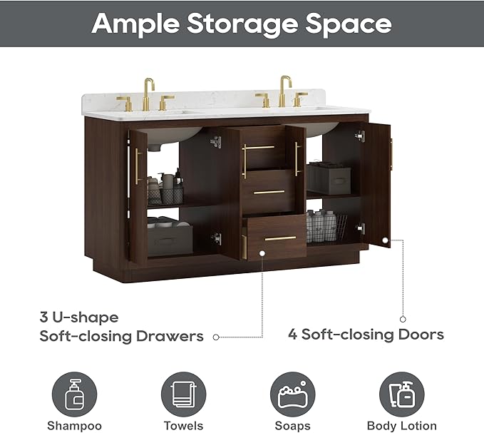 60 Inch Bathroom Vanity with Double Sink, Solid Wood Frame with Engineered Marble Countertop, Fully-Assembled Vanity with Soft-Close Drawers, Adjustable Feets, Warm Elm