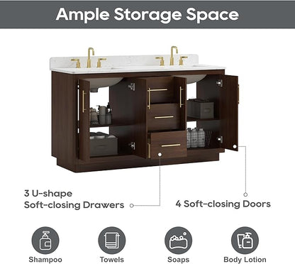 60 Inch Bathroom Vanity with Double Sink, Solid Wood Frame with Engineered Marble Countertop, Fully-Assembled Vanity with Soft-Close Drawers, Adjustable Feets, Warm Elm