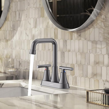 Bathroom Sink Faucet, Hurran Brushed Grey Bathroom Faucets for Sink 3 Hole with Pop-up Drain and Supply Hoses, 360 Swivel Spout 2-Handle Centerset Faucet for Vanity RV Farmhouse