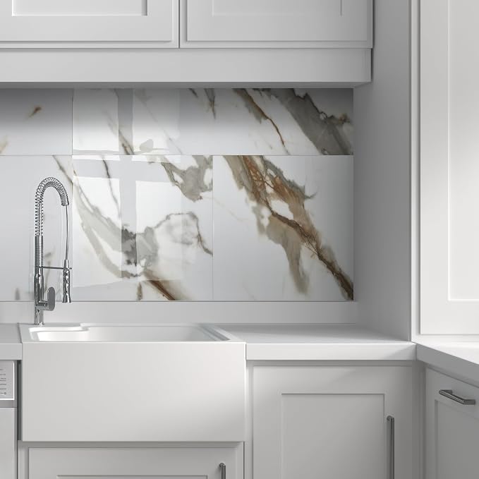 10-Sheet Subway Peel and Stick Backsplash, 12" x 24" Glossy Calacatta Gold Acrylic Self Adhesive Waterproof Wall Stickers, Stick on Tiles for Kitchen Bathroom Shower