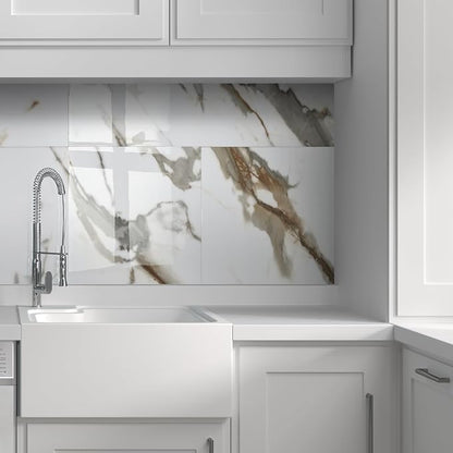 10-Sheet Subway Peel and Stick Backsplash, 12" x 24" Glossy Calacatta Gold Acrylic Self Adhesive Waterproof Wall Stickers, Stick on Tiles for Kitchen Bathroom Shower