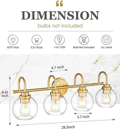 Bathroom Light Fixtures, 4-Light Brushed Gold Vanity Lights with Globe Clear Glass, 30 Inch Champagne Bronze Vanity Lighting Fixtures Over Mirror, AD-22280-4W-GD