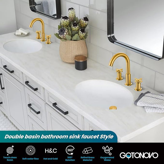 gotonovo 3 Hole Bathroom Faucet 8 inch Widespread Sink Vanity Faucet for Bathroom Sink 2 Cross Handle Deck Mount Basin with Pop Up Drain 360° Swivel Spout Dark Gold