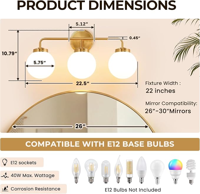 Modern Brushed Gold Vanity Lights for Bathroom, Mid Century 3 Light Bathroom Vanity Light with Globe Milky White Glass Shade Over Mirror, Brass Wall Sconce for Bathroom Hallway Living Room Bedroom