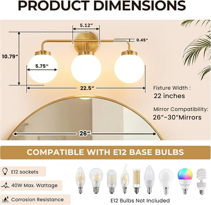 Modern Brushed Gold Vanity Lights for Bathroom, Mid Century 3 Light Bathroom Vanity Light with Globe Milky White Glass Shade Over Mirror, Brass Wall Sconce for Bathroom Hallway Living Room Bedroom