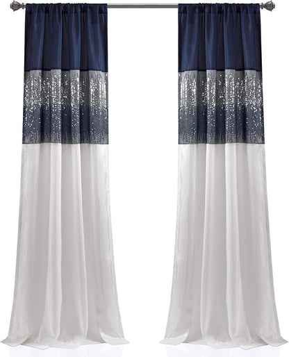 Lush Decor Night Sky Window Curtain Panel, Single,42" W x 108" L, Navy & White - Sequin Curtains - Sparkle & Color Block Design - Modern Glam Decor - Extra Long Curtains For Bedroom & Living Room