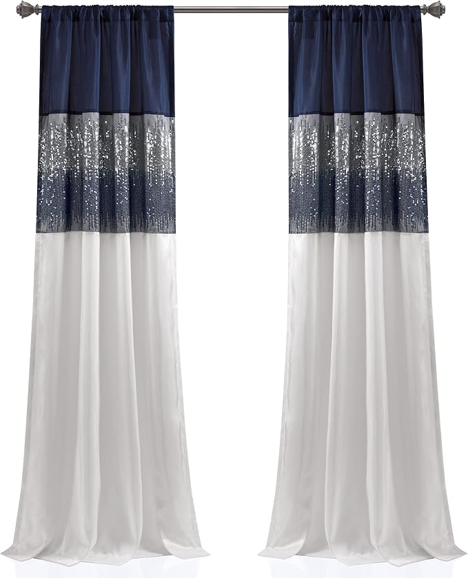 Lush Decor Night Sky Window Curtain Panel, Single 42"W x 84"L Navy & White - Sequin Backdrop Curtain - Room Darkening Curtains For Bedroom - Glam Decor