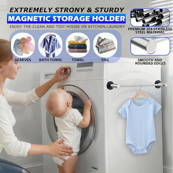 ULIBERMAGNET Heavy Duty Magnetic Towel Bar,1 Set Magnetic Towel Holder Rail Silver with Adjustable Length, Non-Slip Stainless Steel Towel Rail for Refrigerator, Oven, Dishwasher, Cabinet, Laundry