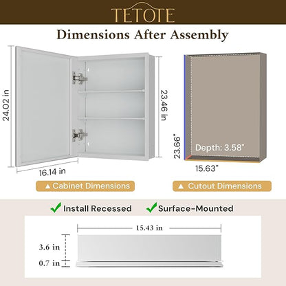 TETOTE 16 x 24 Medicine Cabinet with Tempered Beveled Mirror White Bathroom Mirror with Storage Aluminum Cabinet DTC Hinges, Stepless Adjustable Shelves, Recessed/Surface-Mounted