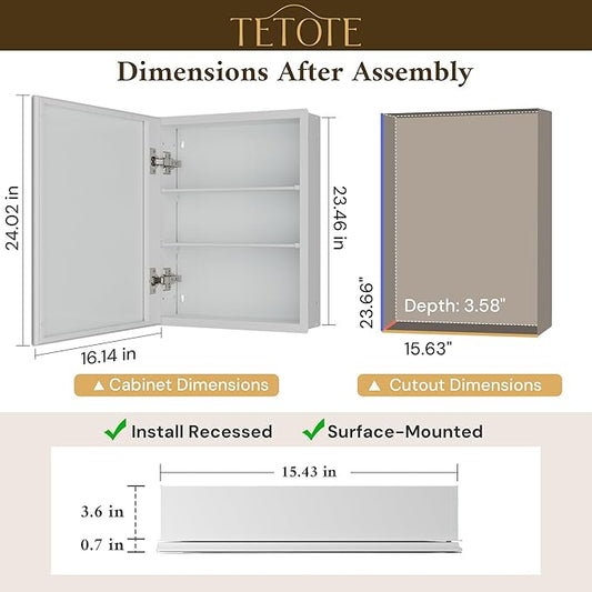 TETOTE 16 x 24 Medicine Cabinet with Tempered Beveled Mirror White Bathroom Mirror with Storage Aluminum Cabinet DTC Hinges, Stepless Adjustable Shelves, Recessed/Surface-Mounted