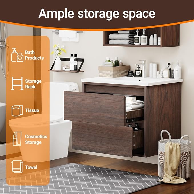 Floating Bathroom Vanity | 24-Inch Modern Walnut Color Lacquer Finish, with Sink, 2 Drawers, Space-Saving Design for Small Bathrooms, Easy Installation
