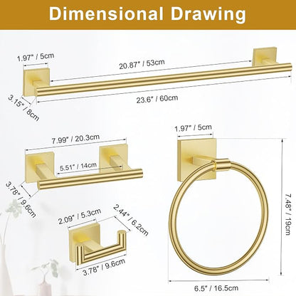 Brushed Gold Towel Bar Set, 5 Pieces Double Dase Toilet Paper Holder Bathroom Hardware Set, 23.6 Inch Stainless Steel Towel Racks for Bathroom Wall Mounted