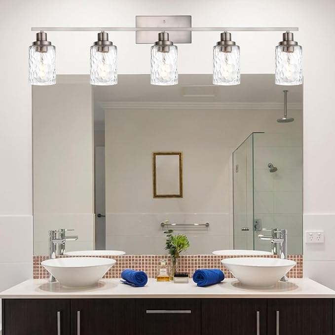 MELUCEE 5-Light Bathroom Light Fixtures Brushed Nickel Finish | Modern Vanity Light Industrial Wall Lamp with Clear Hammered Glass Shade for Powder Room Bedroom (Patent No.: US D963914 S)