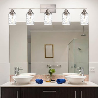 MELUCEE 5-Light Bathroom Light Fixtures Brushed Nickel Finish | Modern Vanity Light Industrial Wall Lamp with Clear Hammered Glass Shade for Powder Room Bedroom (Patent No.: US D963914 S)