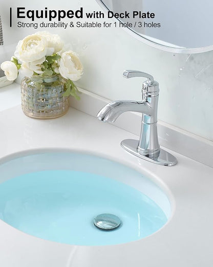 Brass Bathroom Sink Faucet Single Handle, Bath Sink Faucet, Chrome Bathroom Faucet 1 Hole or 3 Holes, Vanity Faucets 4 Inch with Pop-up Drain, Deck Plate, Pre-Installed Hose Save Water