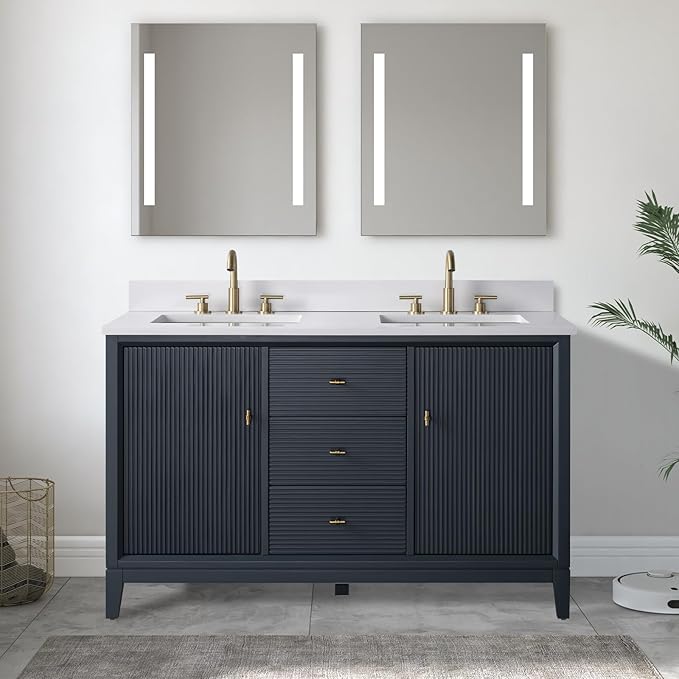 Vanity Art 54" Bathroom Vanity with Double Sink & Arabescato White Engineered Stone Top,Soft Closing Door, Solid Wood Frame, Golden Brushed Handles, Vintage Spruce Blue VA8154D-VSB-GB