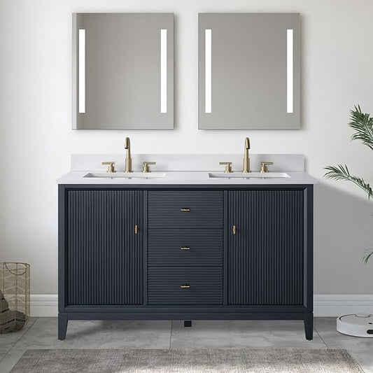 Vanity Art 54" Bathroom Vanity with Double Sink & Arabescato White Engineered Stone Top,Soft Closing Door, Solid Wood Frame, Golden Brushed Handles, Vintage Spruce Blue VA8154D-VSB-GB