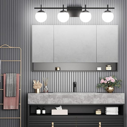 Ralbay Black Vanity Lights for Bathroom Milky Glass Mid Century Modern Bathroom Vanity Wall Light Over Mirror, Black 4-Lights