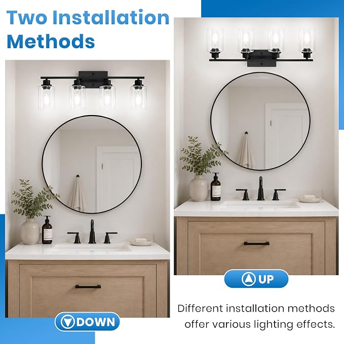 Ascher 4 Light Bathroom Light Fixture, Matte Black Bathroom Lighting Fixtures Over Mirror, Vanity Light with Clear Glass Shade, Wall Sconce for Living Room Bedroom Cabinet, E26 Base