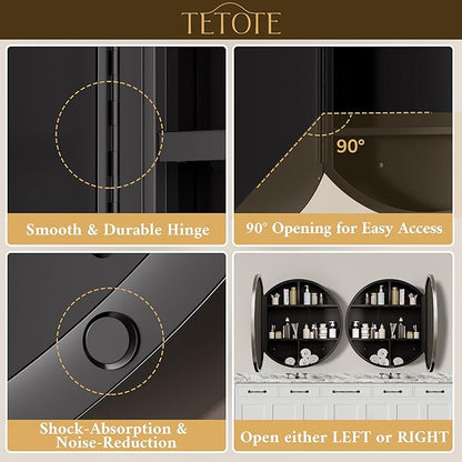 TETOTE 24 x 24 Inch Medicine Cabinet Mirror Brushed Nickel Framed Round Mirrored Medicine Cabinets for Bathroom Adjustable Shelves Modern Bathroom Mirror with Storage Wall Mounted