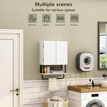 RUSTOWN Fluted Bathroom Wall Cabinet with 2 Doors, 3-Tier Medicine Cabinet | Modern Farmhouse Wall Mounted Cabinets, Over The Toilet Storage Cabinet, Adjustable Shelf and Towel Bar, Small
