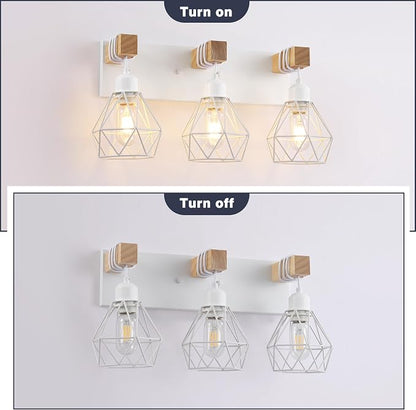 maesta 3 Light Bathroom Vanity Light, Farmhouse White Fixture Over Mirror | Farmhouse Bathroom Light Fixtures, Wood & Metal, Anti-Rust Easy to Install for Rustic Bathroom Hallway