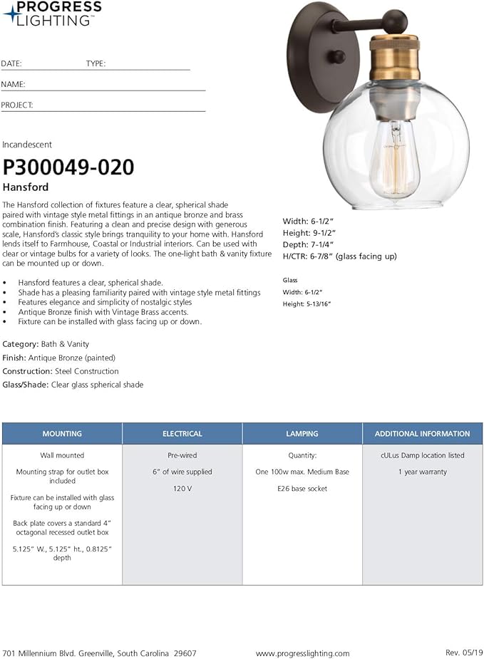 Progress Lighting P300049-020 Hansford Bath & Vanity, 1-Light, Antique Bronze