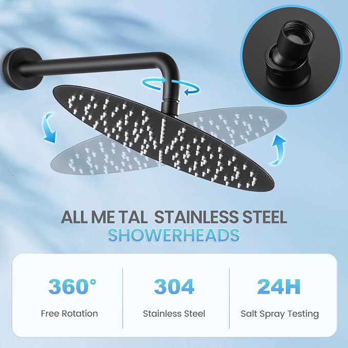 12 inch Matte Black Rainfall Shower Head - All Metal Stainless Steel Full Body Round Rain Shower with 120 Silicone Nozzles