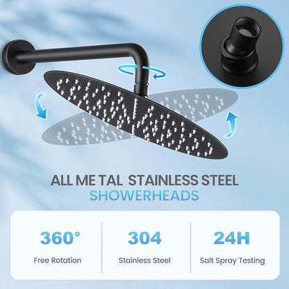 12 inch Matte Black Rainfall Shower Head - All Metal Stainless Steel Full Body Round Rain Shower with 120 Silicone Nozzles