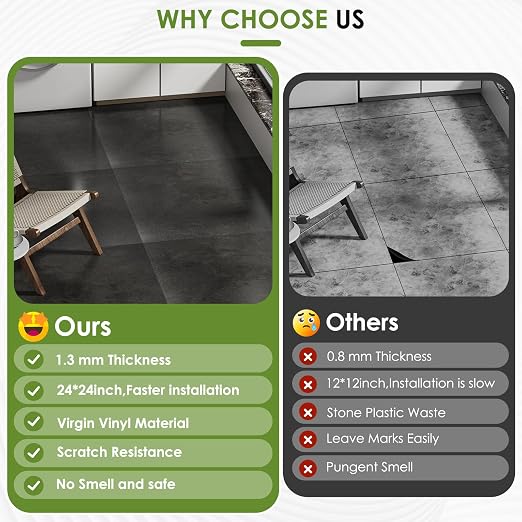 RORA 24x24 Inch Peel and Stick Floor Tile 20-Pack Waterproof Vinyl | Covers 80 Sq.Ft, Self-Adhesive Removable, Easy DIY install, Black Vinyl Floor Tiles for Bathroom, Kitchen, Laundry & Office