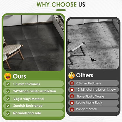 RORA 24x24 Inch Peel and Stick Floor Tile 20-Pack Waterproof Vinyl | Covers 80 Sq.Ft, Self-Adhesive Removable, Easy DIY install, Black Vinyl Floor Tiles for Bathroom, Kitchen, Laundry & Office
