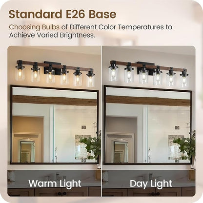 6-Light Bathroom Light Fixture, Vanity Lights for Bathroom with Glass Shade, Rustic Bathroom Light Fixtures, E26 Base F12BD05