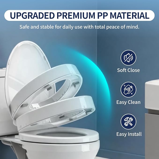 Raised Toilet Seat, Elongated 18.5", Soft Close | 2.91" elevated height, quick-release design, stable PP construction, easy installation, fits most standard elongated toilets