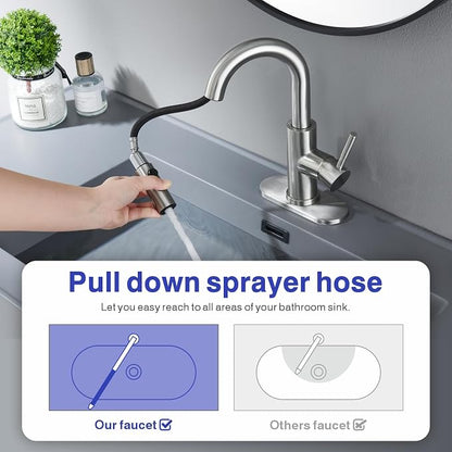 Bathroom Faucet with Sprayer, Brushed Nickel Single Hole with Pop-Up Drain | Kablle Single Handle Pull Out 1 or 3 Hole Laundry Bar Basin Faucet with Deck Plate, KBL-7002BN-CL